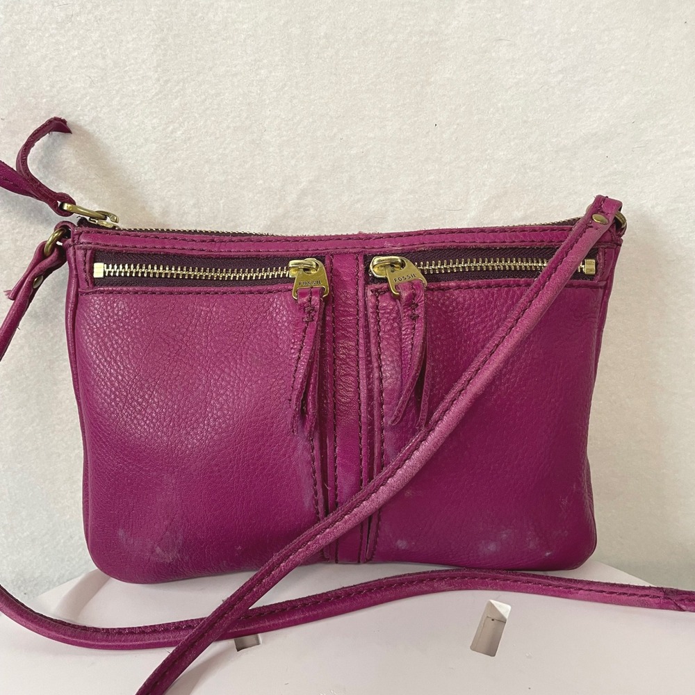 Fossil‎ Fuschia Genuine Leather Erin Crossbody Bag Double Zip Front Pocket
